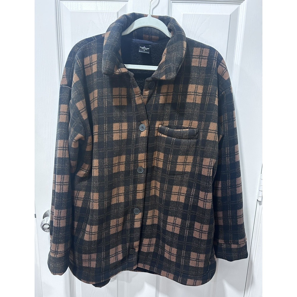 Cuddl Duds Women's Brown and Black Plaid Fleece Jacket Shacket Sz Large Cozy